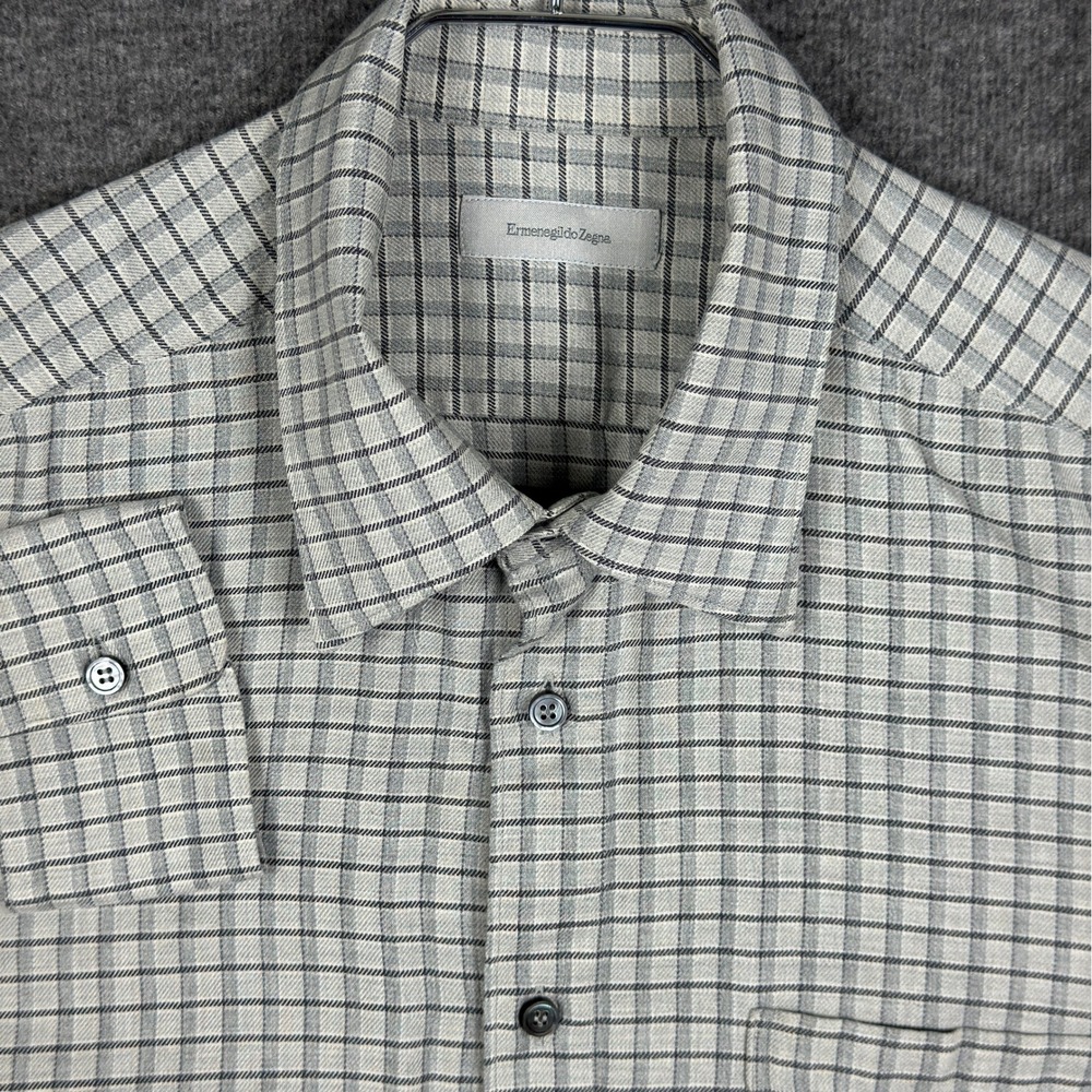 Ermenegildo Zegna Shirt Mens XL Gray Plaid Cotton Twill Long Sleeve Button
